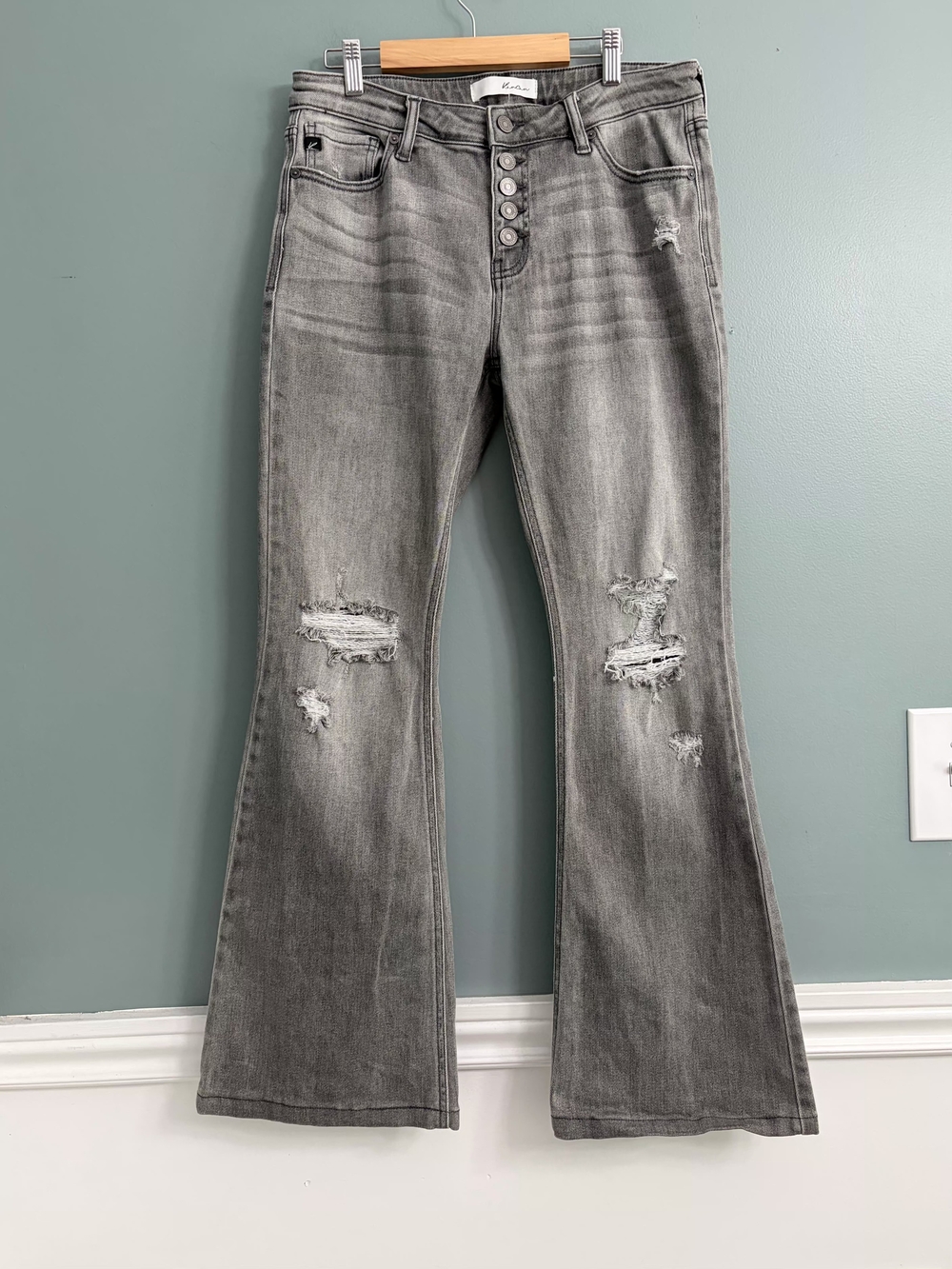 KanCan High Rise Button Fly Distressed Flare Jeans Gray Acid Wash Size 11/29